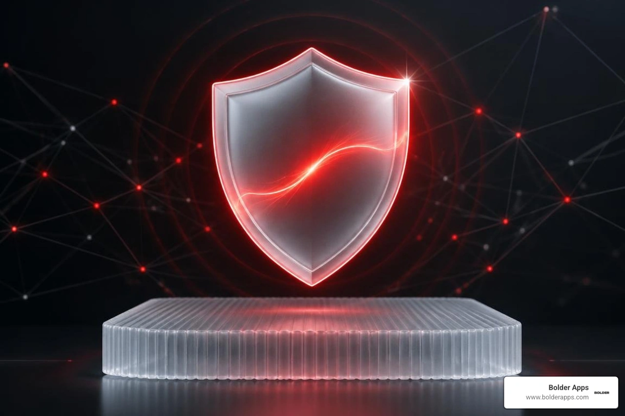 frosted glass gear inside a transparent shield with glowing red accents frosted glass gear inside a transparent shield with glowing red accents