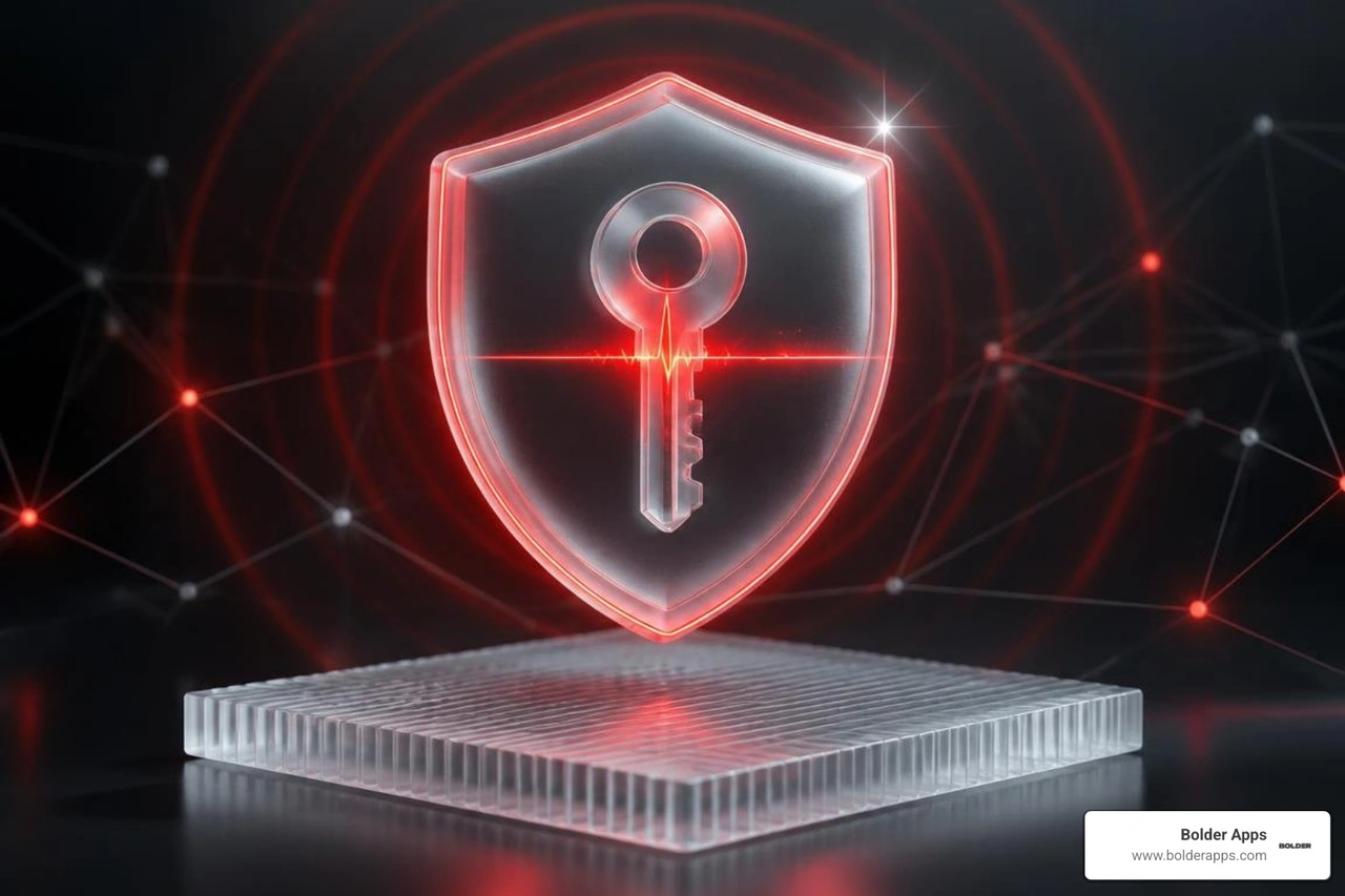 frosted glass server cluster with glowing red data conduits and a floating key frosted glass server cluster with glowing red data conduits and a floating key
