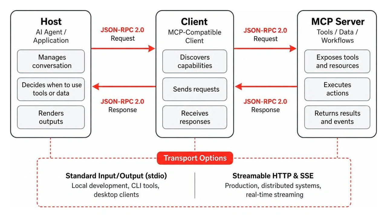 Architecture diagram showing bidirectional JSON-RPC flow across Host, Client, and MCP Server