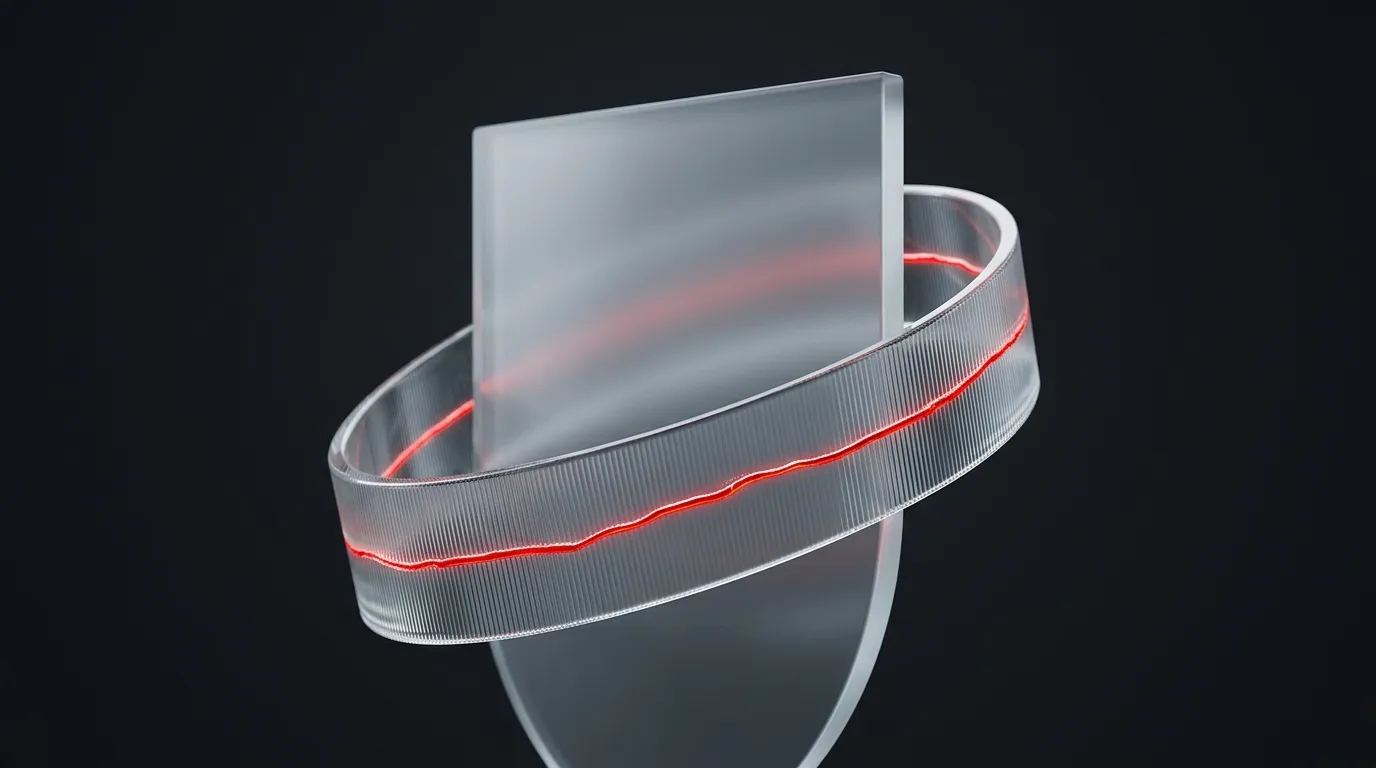 Frosted-glass shield wrapped by a glowing red ribbon