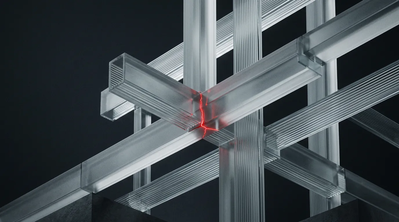 Frosted-glass girder grid with glowing red joint