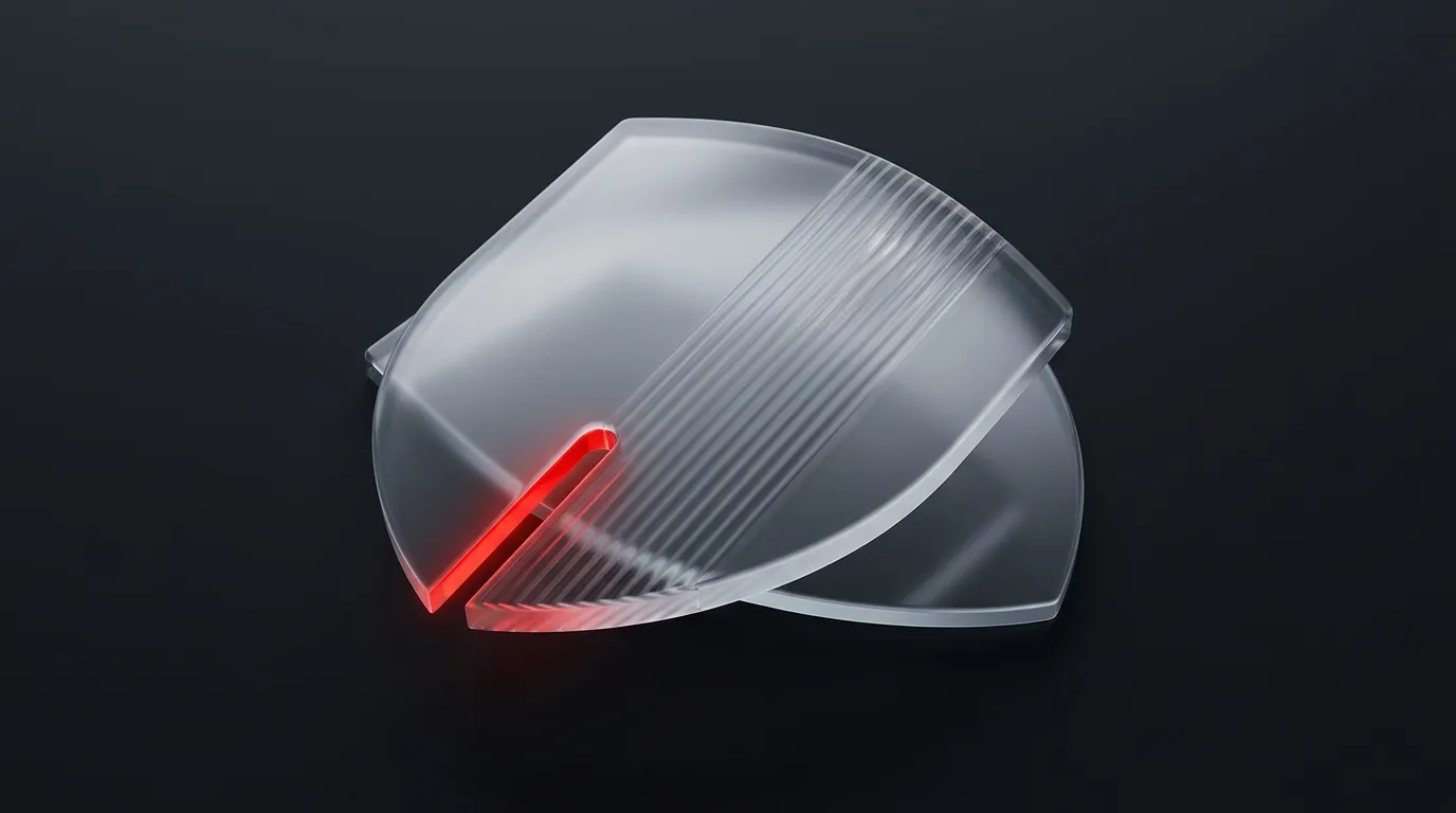 Curved frosted-glass shield with red notch