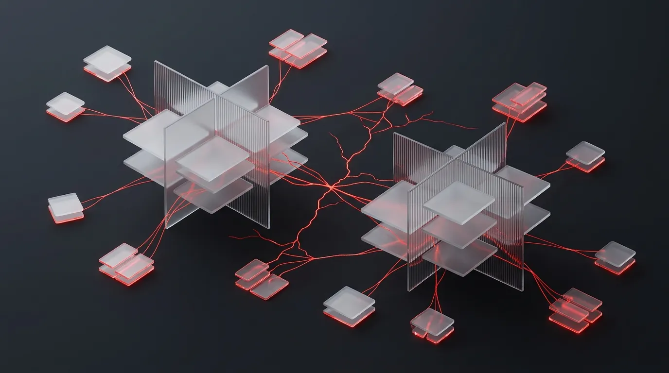 Frosted-glass network hubs linked by red threads