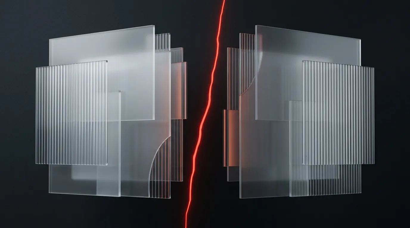 Mirrored frosted panels facing across a red rift