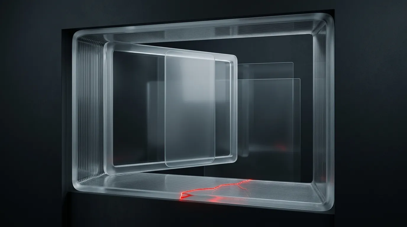 Frosted window opening into layered depth