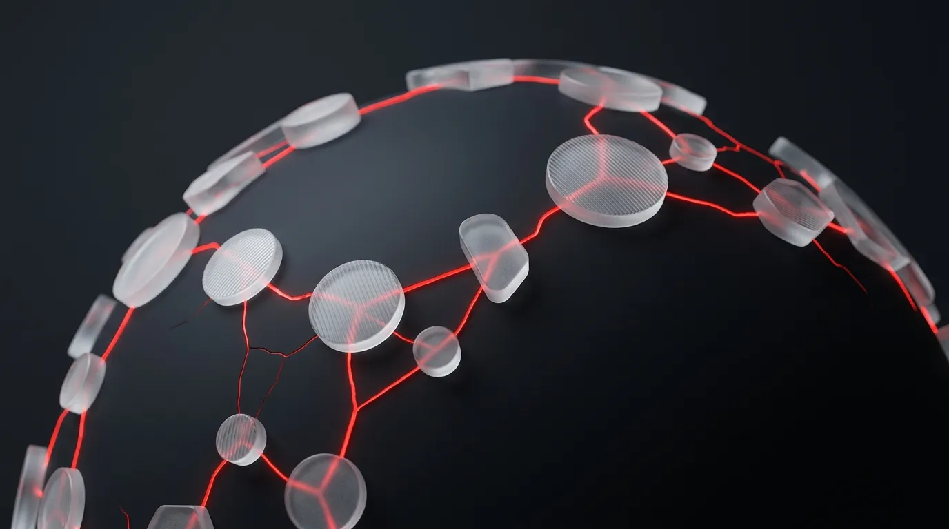 Globe arc of frosted nodes linked by red paths
