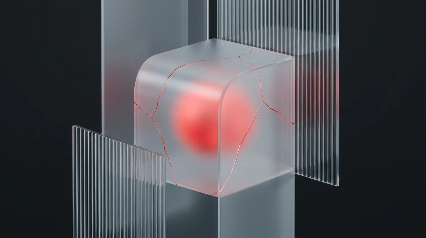 Human-scale frosted module cradling a red core