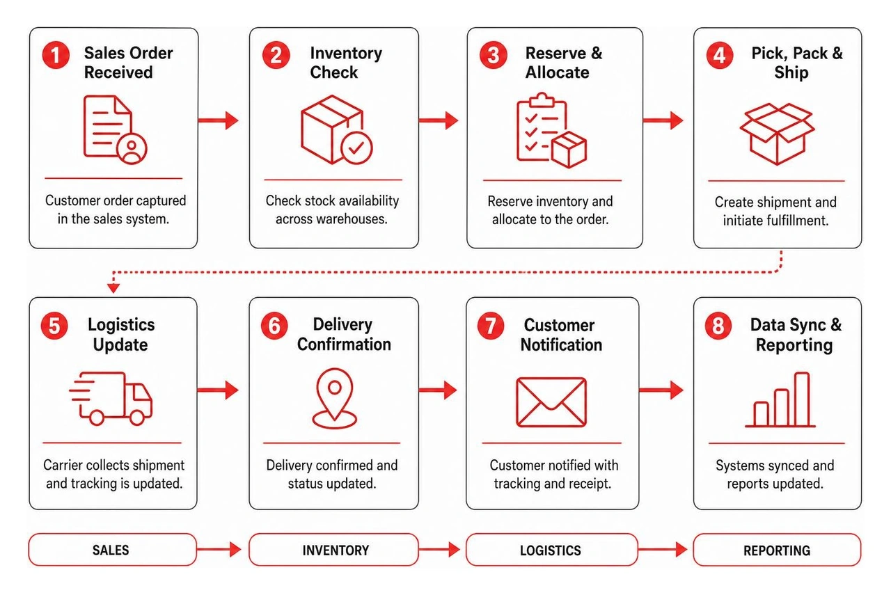 Diagram illustrating an automated multi-step enterprise workflow across sales, inventory, and logistics