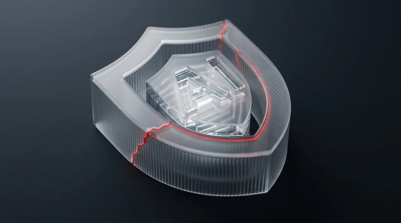 Frosted legal shield wrapping an AI core with red edge