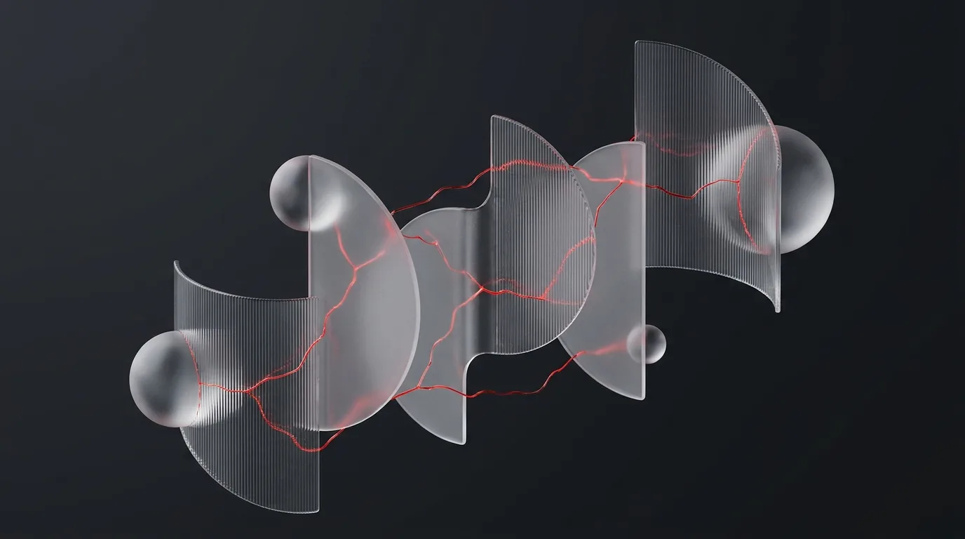 Frosted network nodes linked by red trust threads