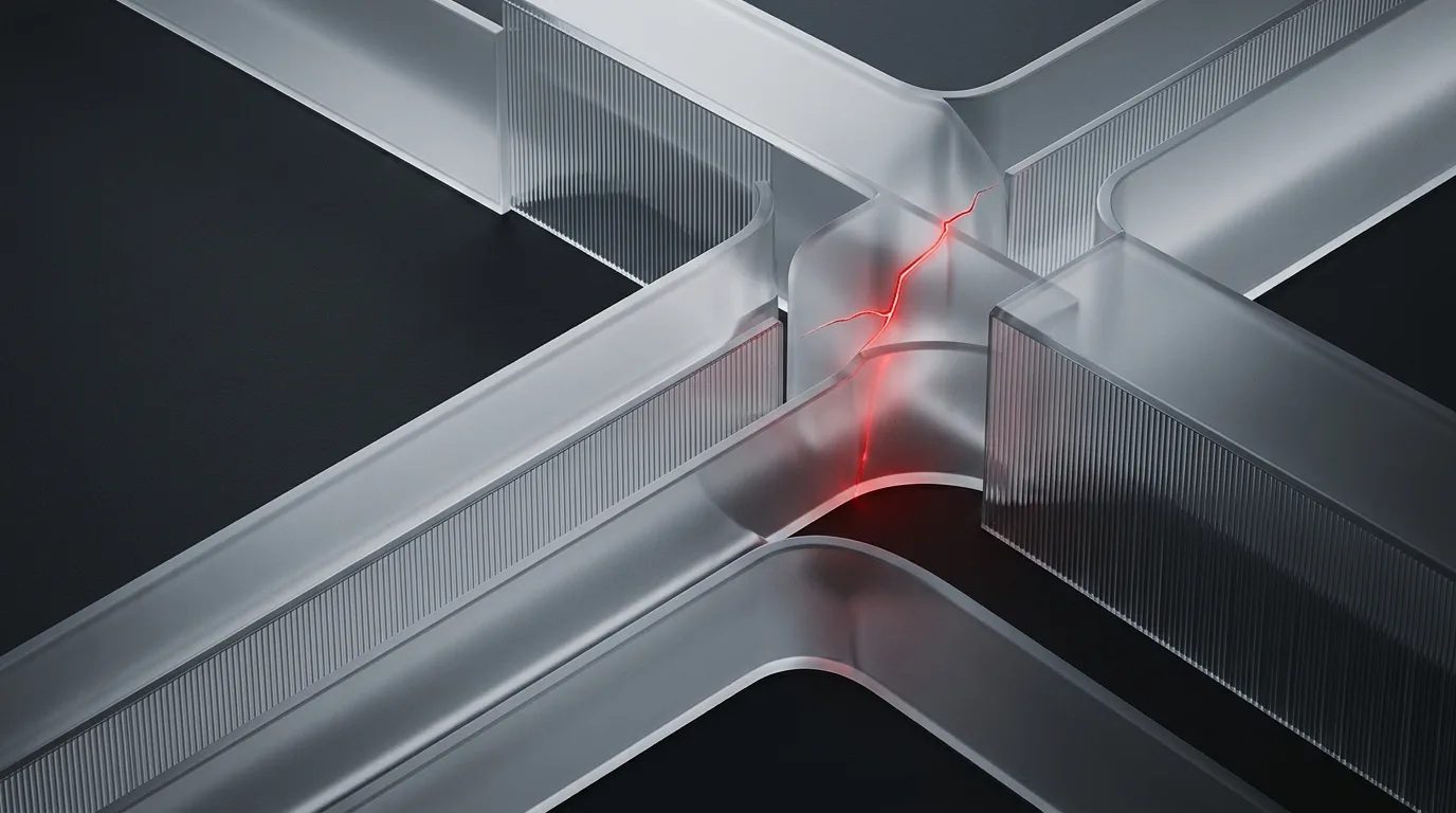 Frosted invoice rails converging on red scope node