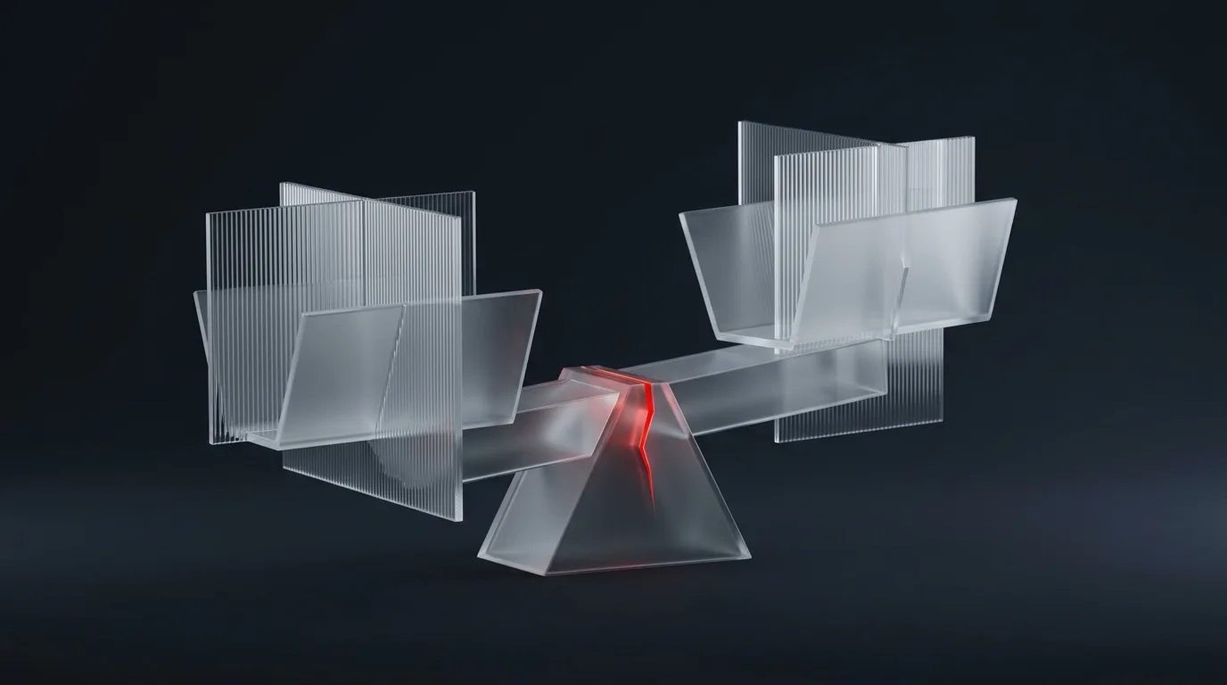 Frosted contract scales with red risk fulcrum