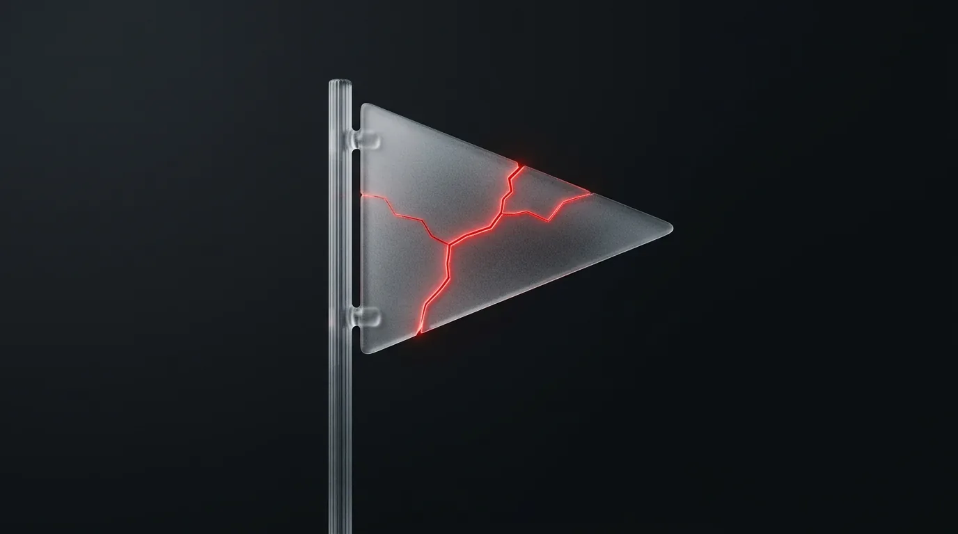 Frosted red flag panel with crack warning