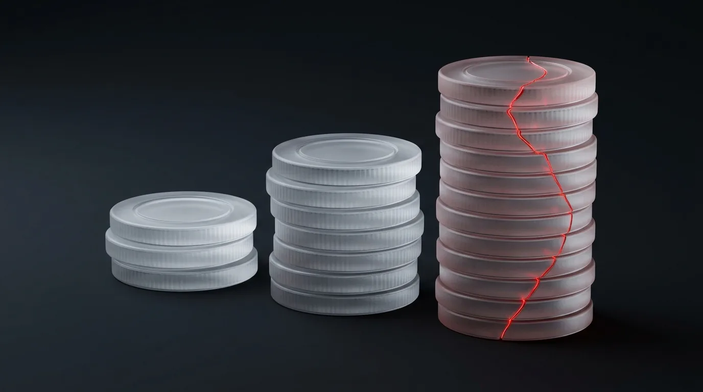 Frosted casino chip stacks with red tier seam