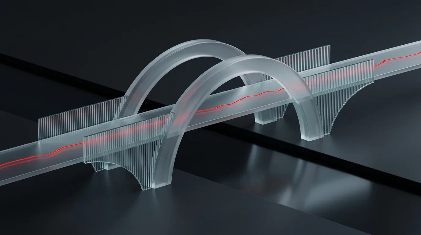 Frosted Schuylkill bridge arcs with red timeline