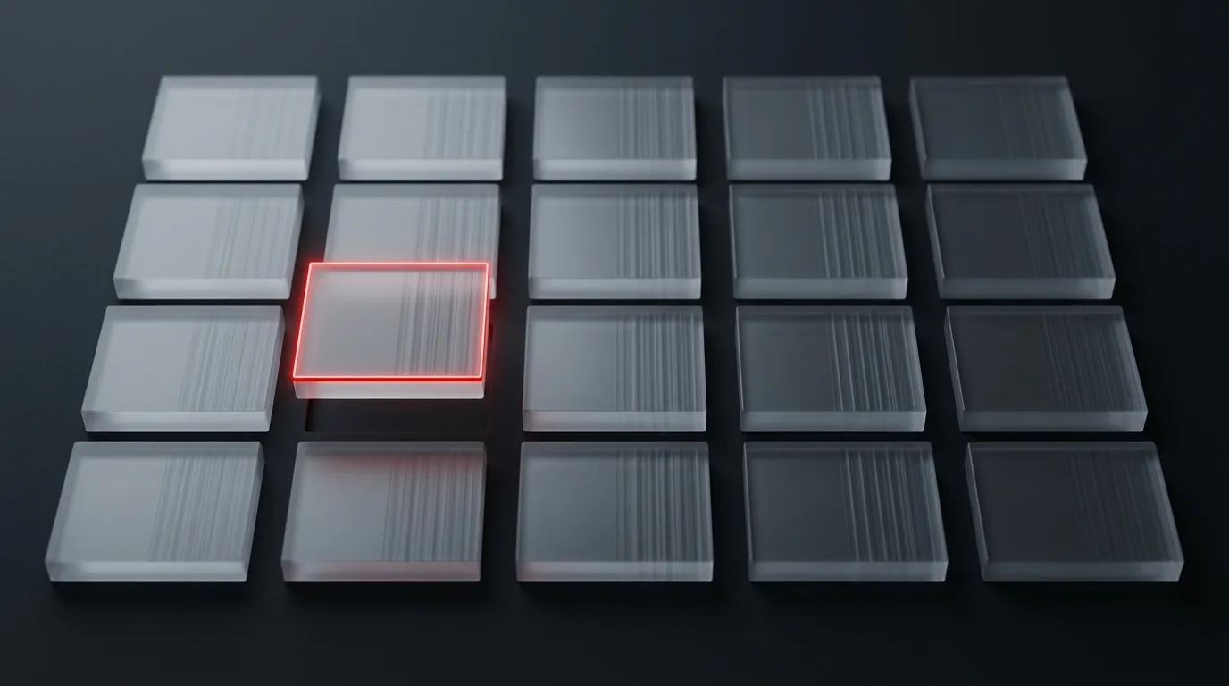 Frosted directory grid with one red highlighted tile