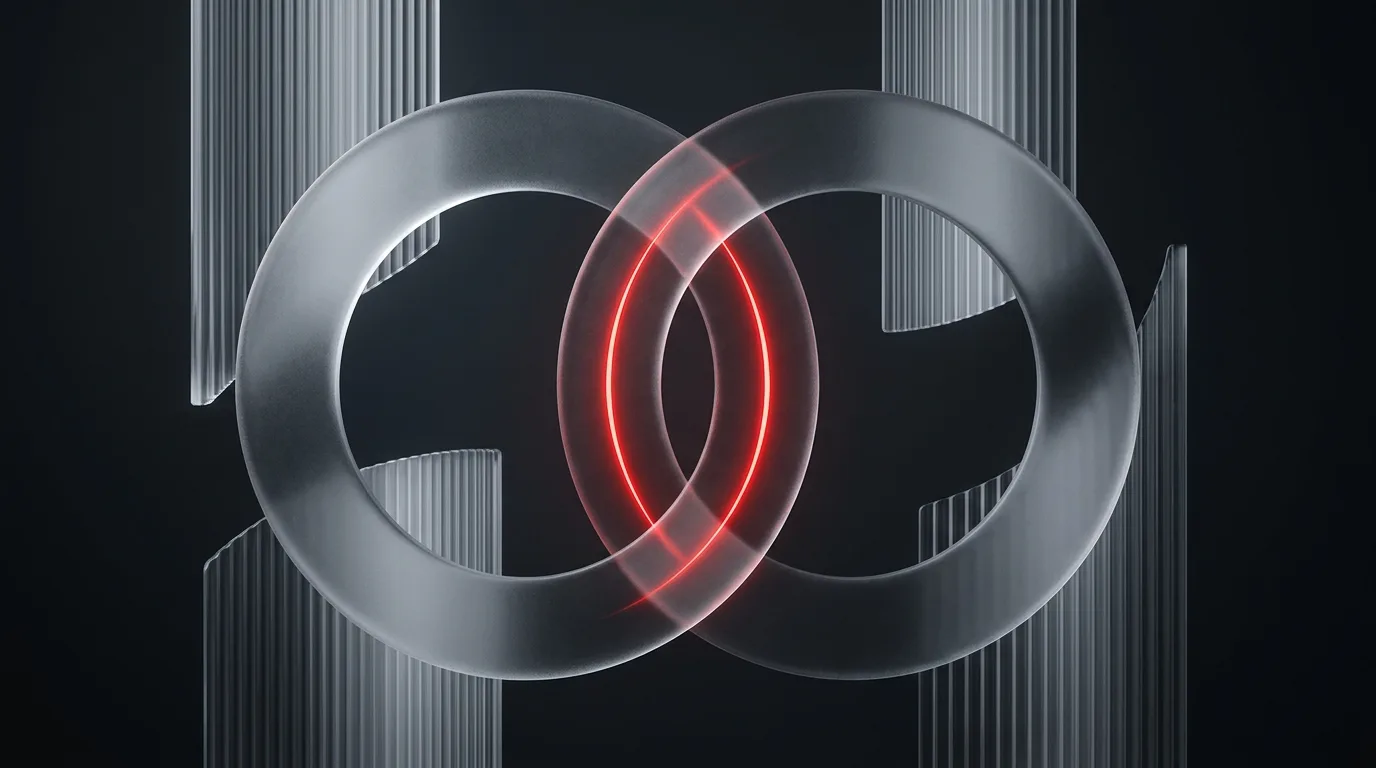 Frosted overlapping clock rings with red overlap arc