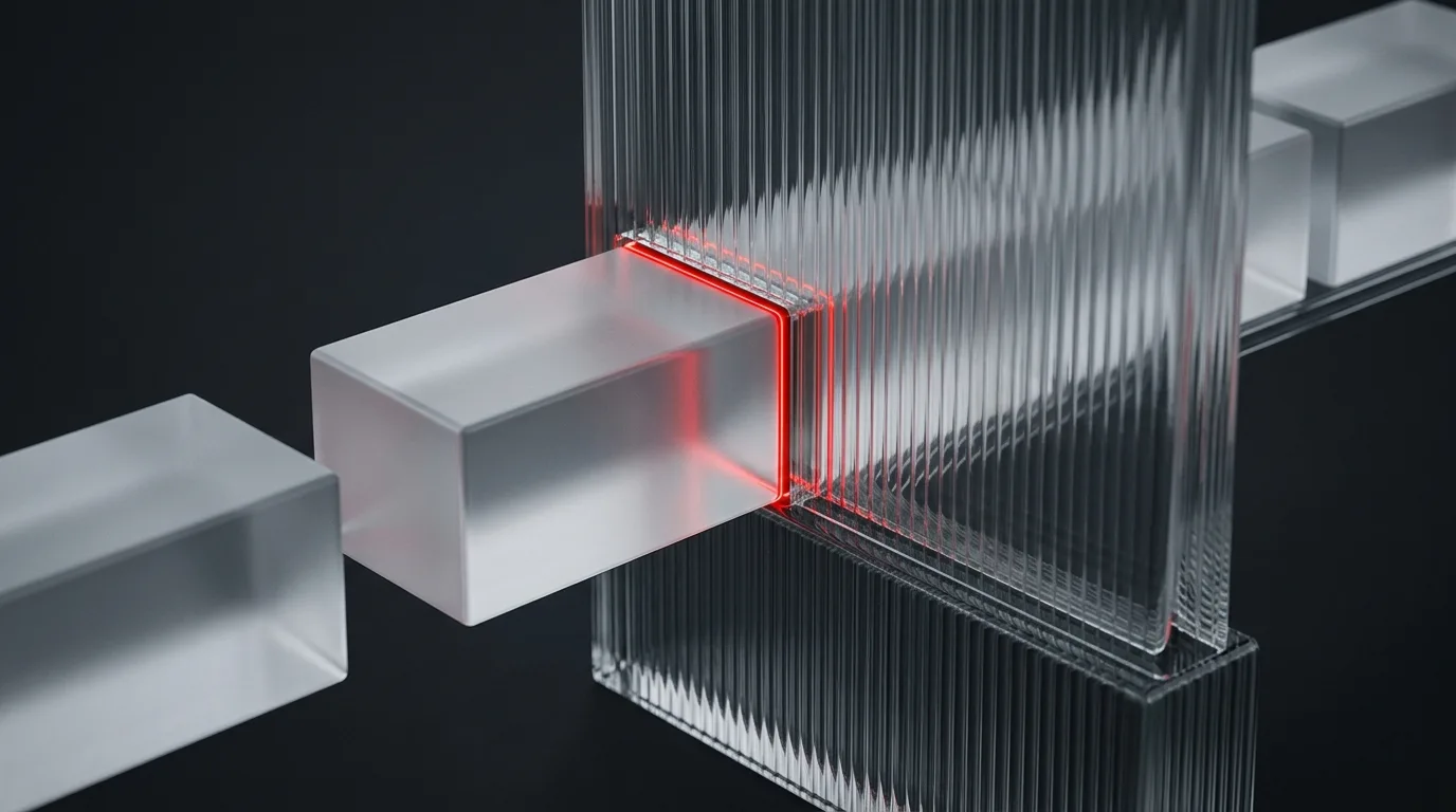 Modular frosted glass blocks joining a larger structure with a red seam