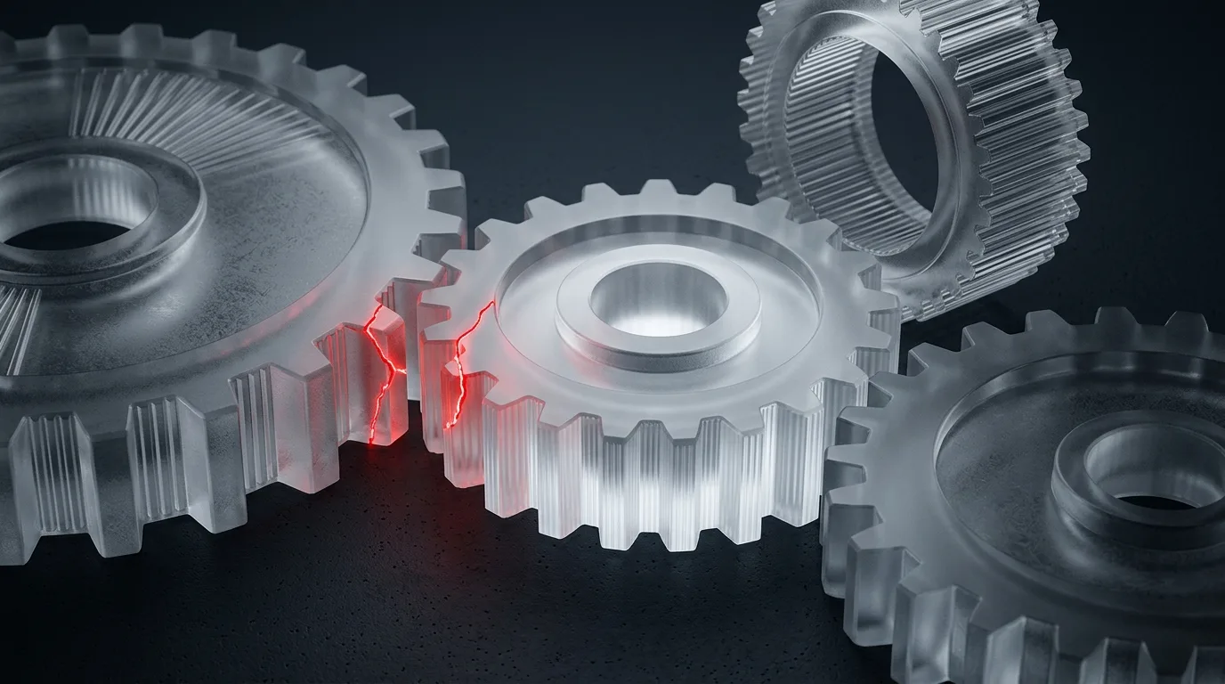 Frosted gears with one red misaligned tooth