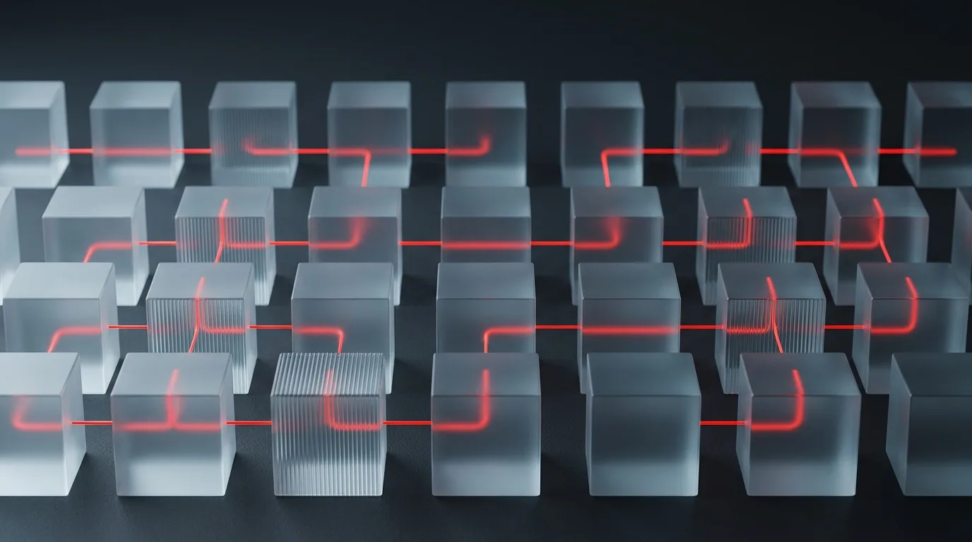Frosted repetitive cubes with one red automated path