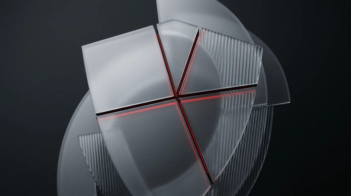 Frosted glass shield split into four segments with red seams