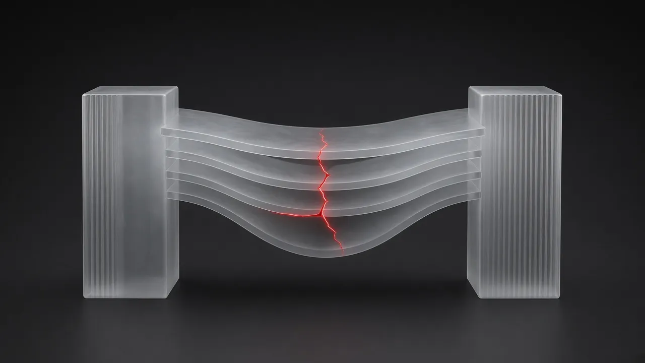 Frosted bridge panels with a red stress crack