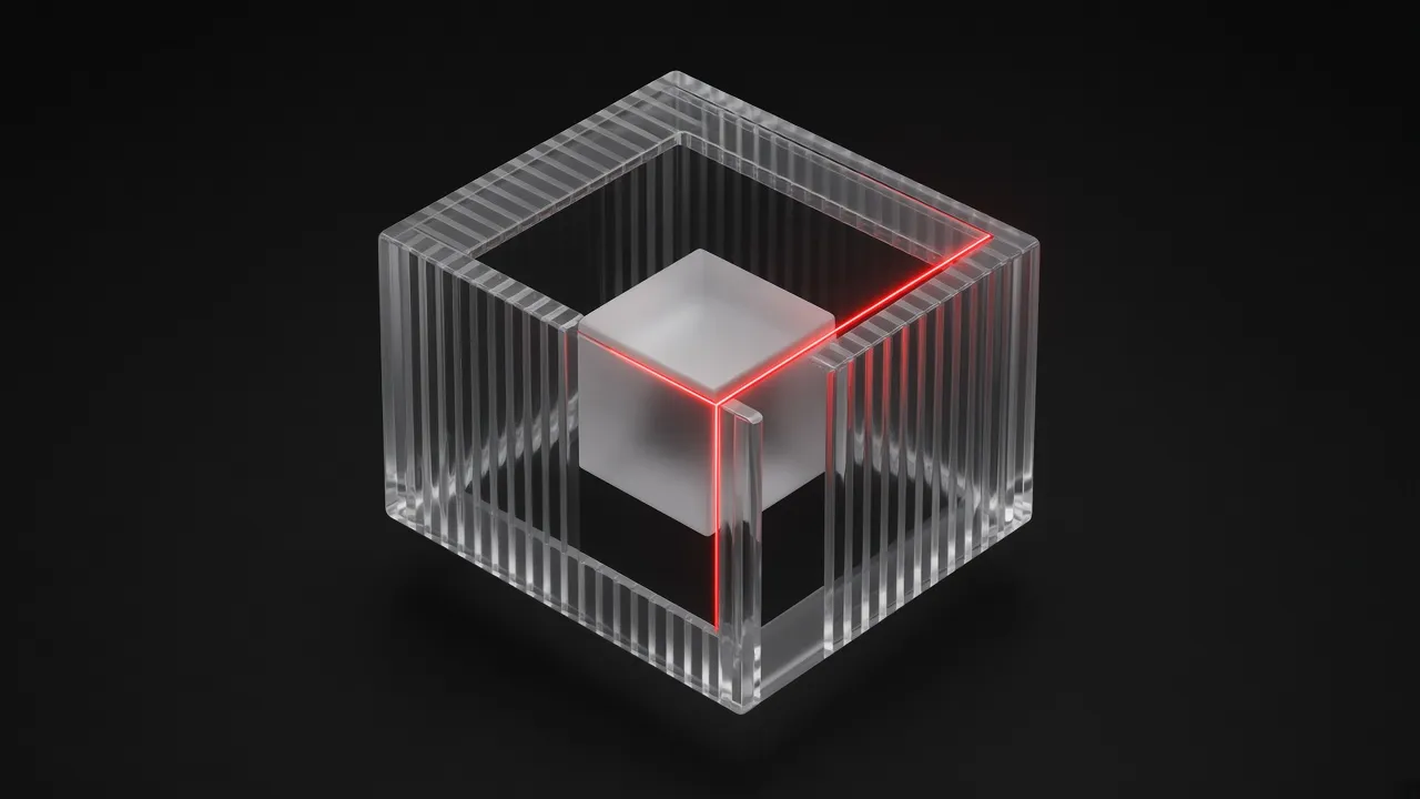 Frosted data cube inside glass cage with red edge