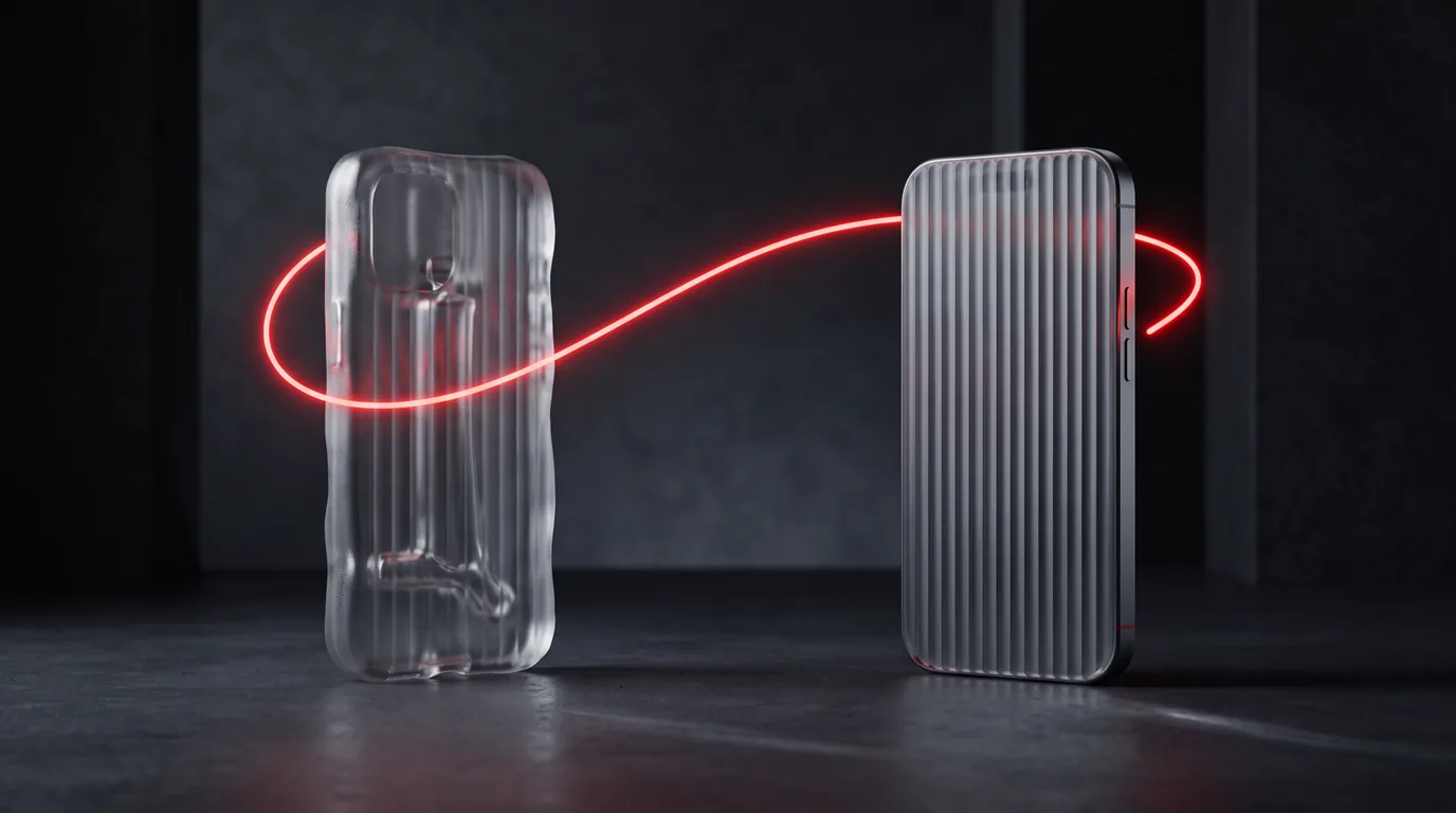 A glass prototype phone beside a solid ribbed glass production phone connected by a red handoff line