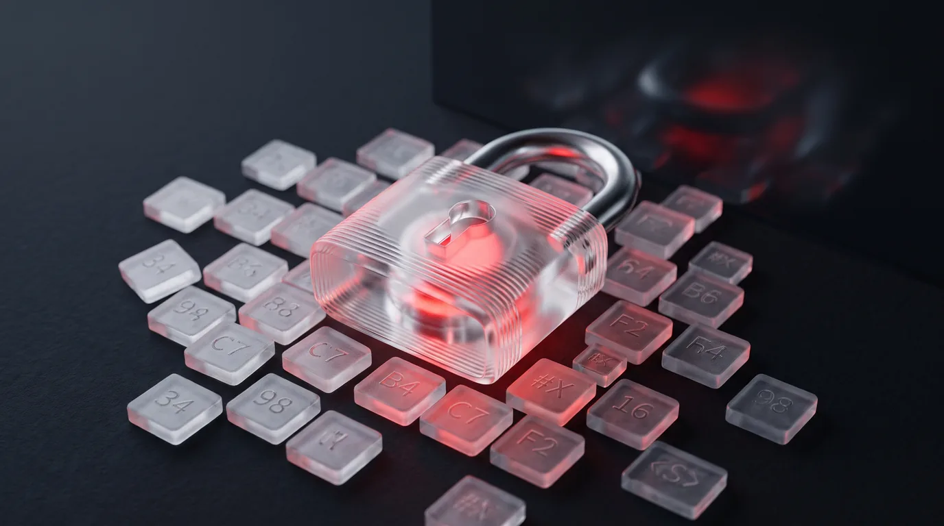 A translucent glass padlock over scattered glass code tiles with a red warning glow