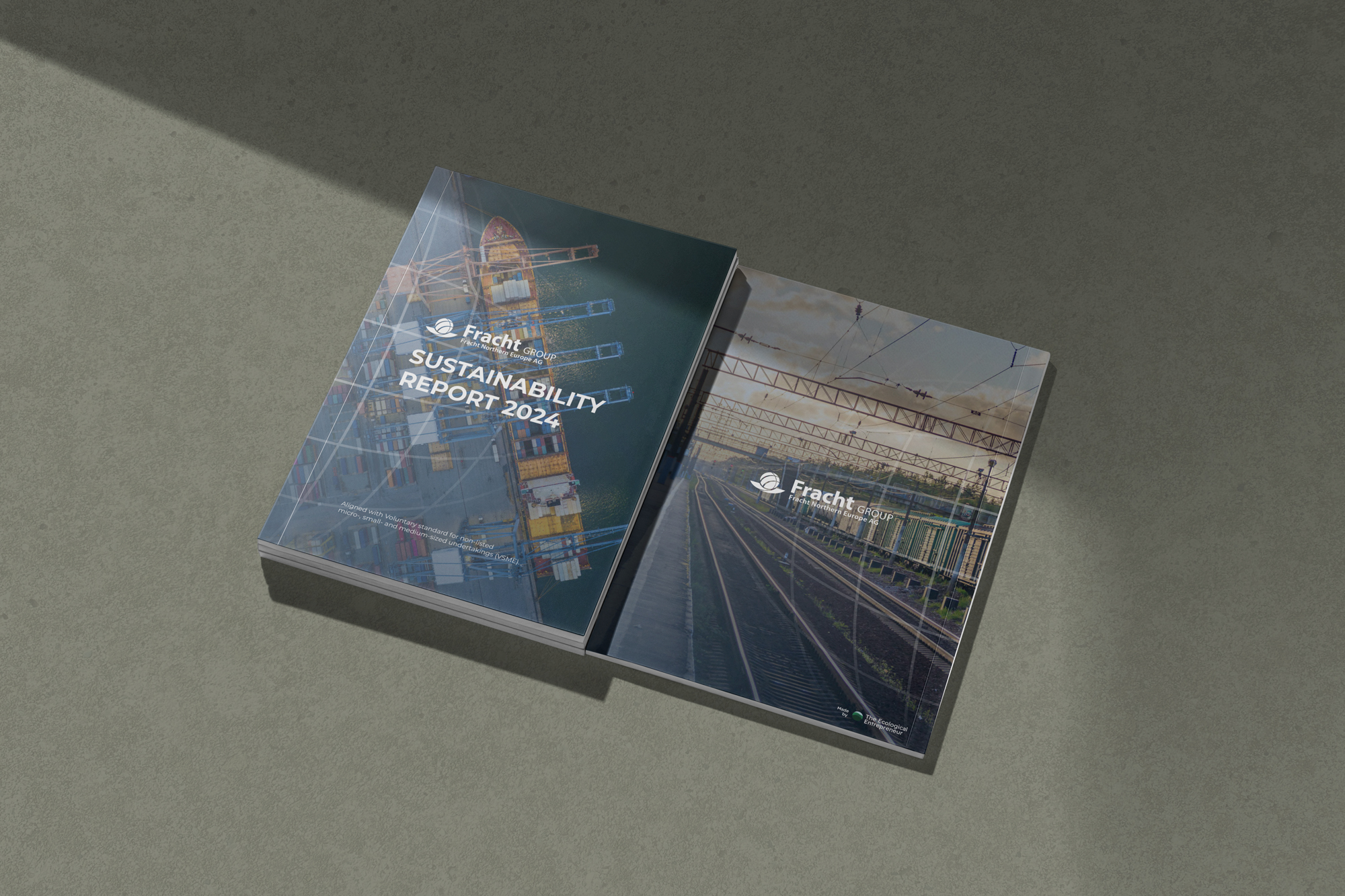 Mock-up van het Fracht Group Sustainability Report 2024 met beelden van een containerhaven en spoorinfrastructuur als illustratie van duurzame logistiek