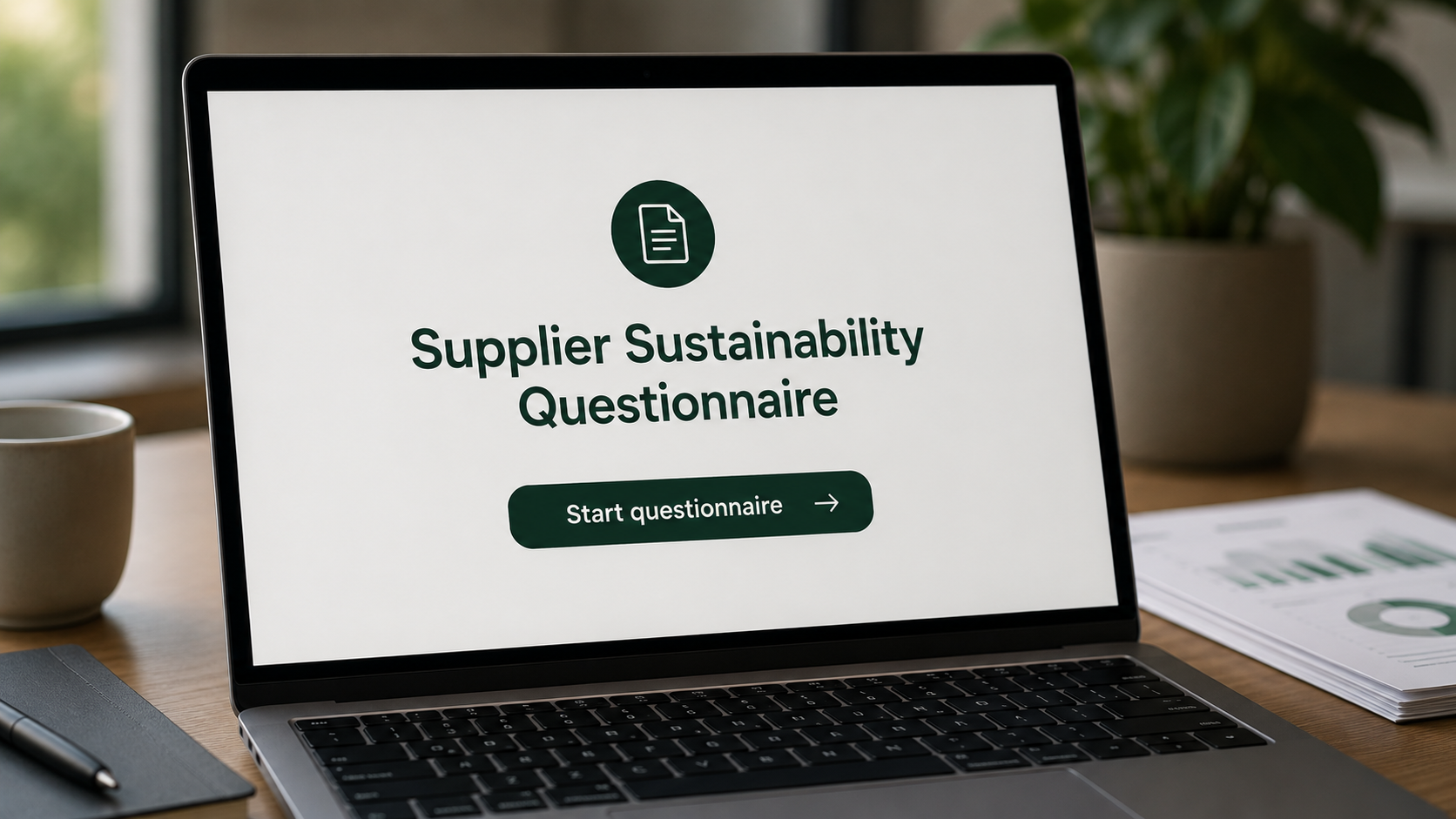 Laptop met een digitale ‘Supplier Sustainability Questionnaire’ voor het beoordelen van duurzaamheidsprestaties van leveranciers. Duurzaamheidsvragen van klanten nemen toe. Hoe blijft u voorbereid?