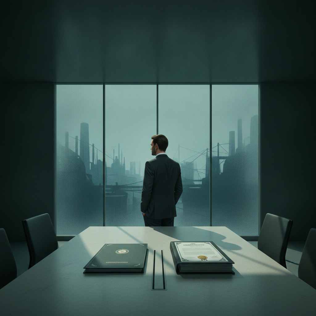 Illustratie van een zakenman in een vergaderruimte met B Corp- en CSRD-documenten op tafel, als symbool voor de keuze tussen certificering en duurzaamheidsrapportering.