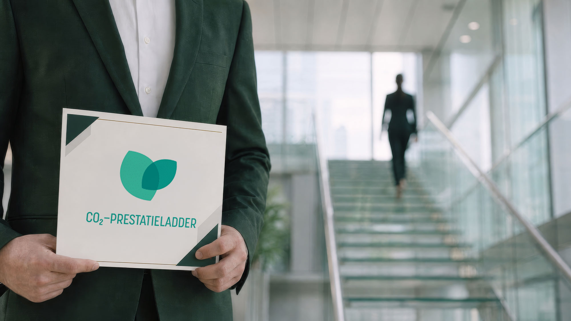 Zakelijke professional houdt een certificaat van de CO₂-Prestatieladder vast in een moderne kantooromgeving.