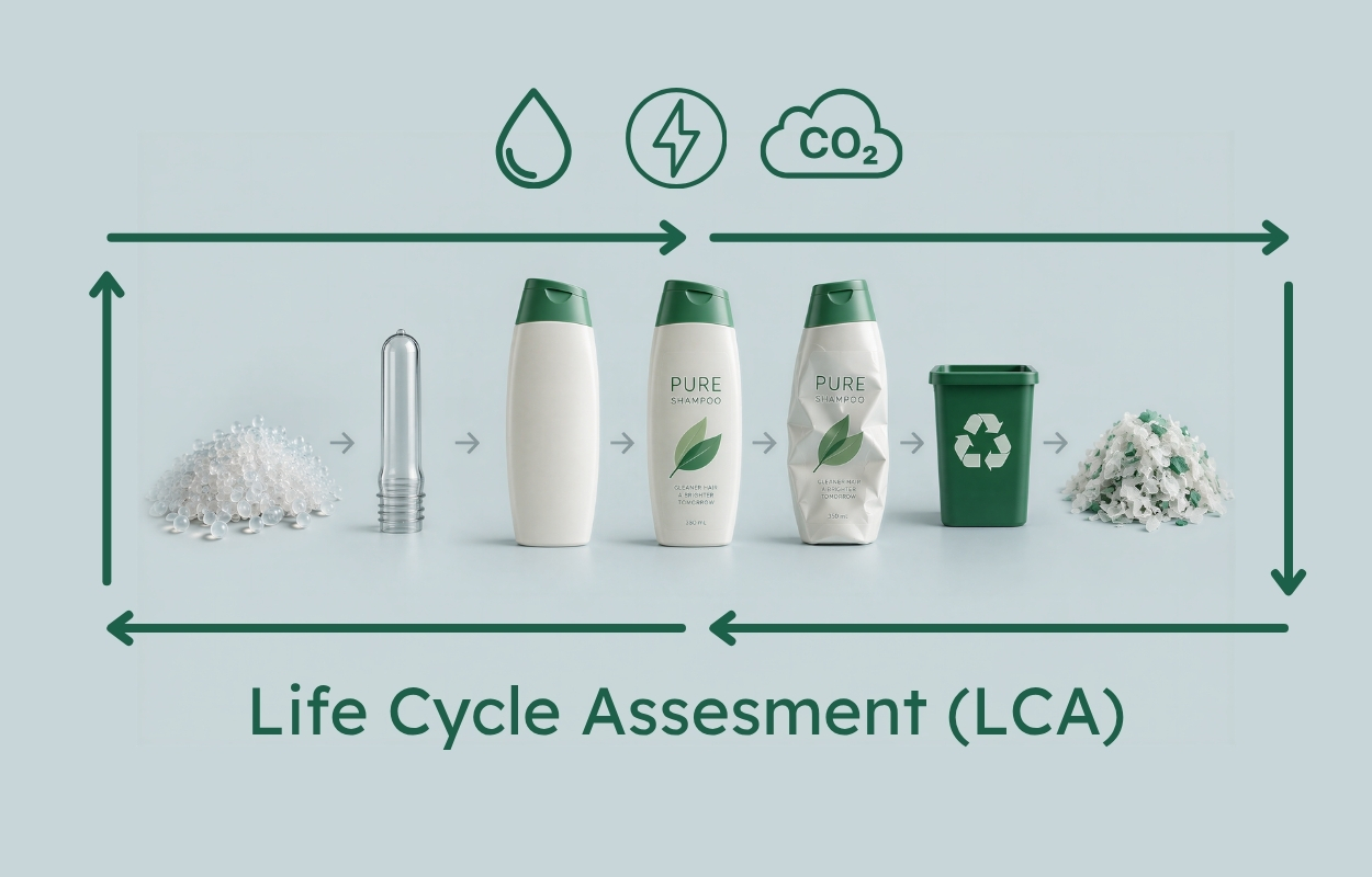 Schema van een Life Cycle Assessment (LCA) over de volledige productlevenscyclus van grondstof tot recyclage