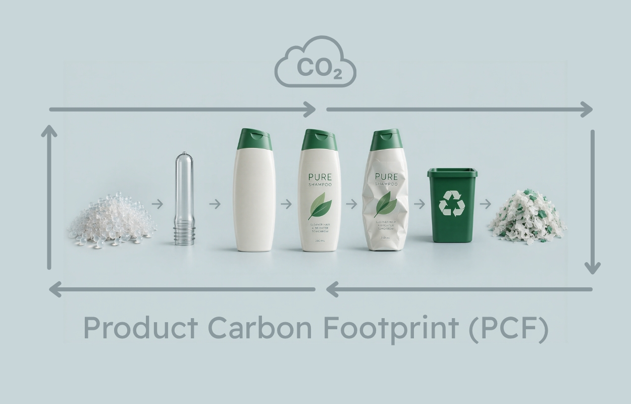 Schema van een Product Carbon Footprint (PCF) met CO2-uitstoot over de productlevenscyclus van grondstof tot recyclage