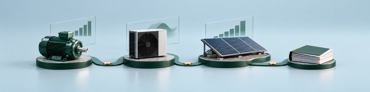Bedrijfsgebouw met een open auditrapport, energiemeters en technische meetapparatuur.