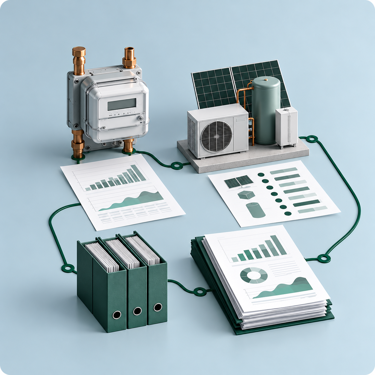 Energiemeter, technische maatregelen, auditrapport en geordende gegevensmappen in een verbonden reeks.