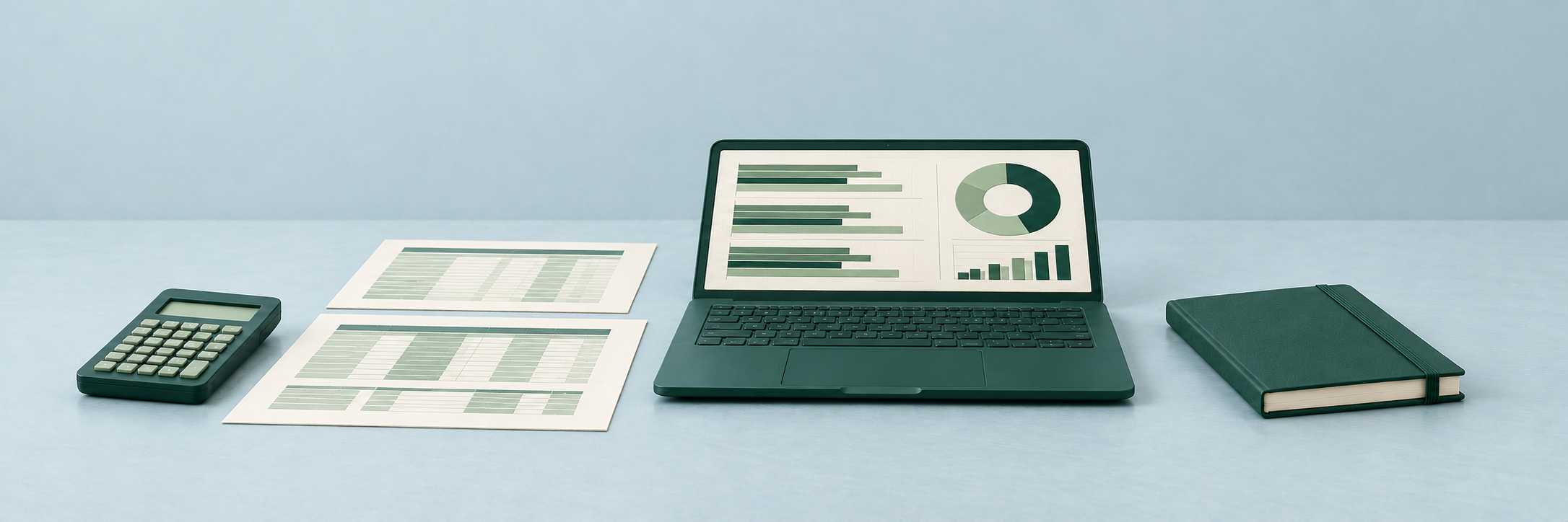 Laptop met grafieken van een CO₂-analyse, omringd door datatabellen, een rekenmachine en een notitieboek