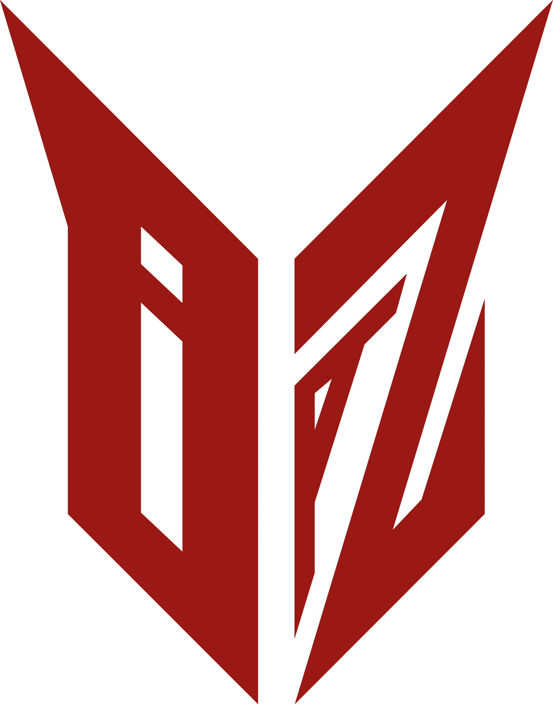 Rotes dreidimensionales abstraktes geometrisches Logo mit scharfen Winkeln und inneren Ausschnitten.