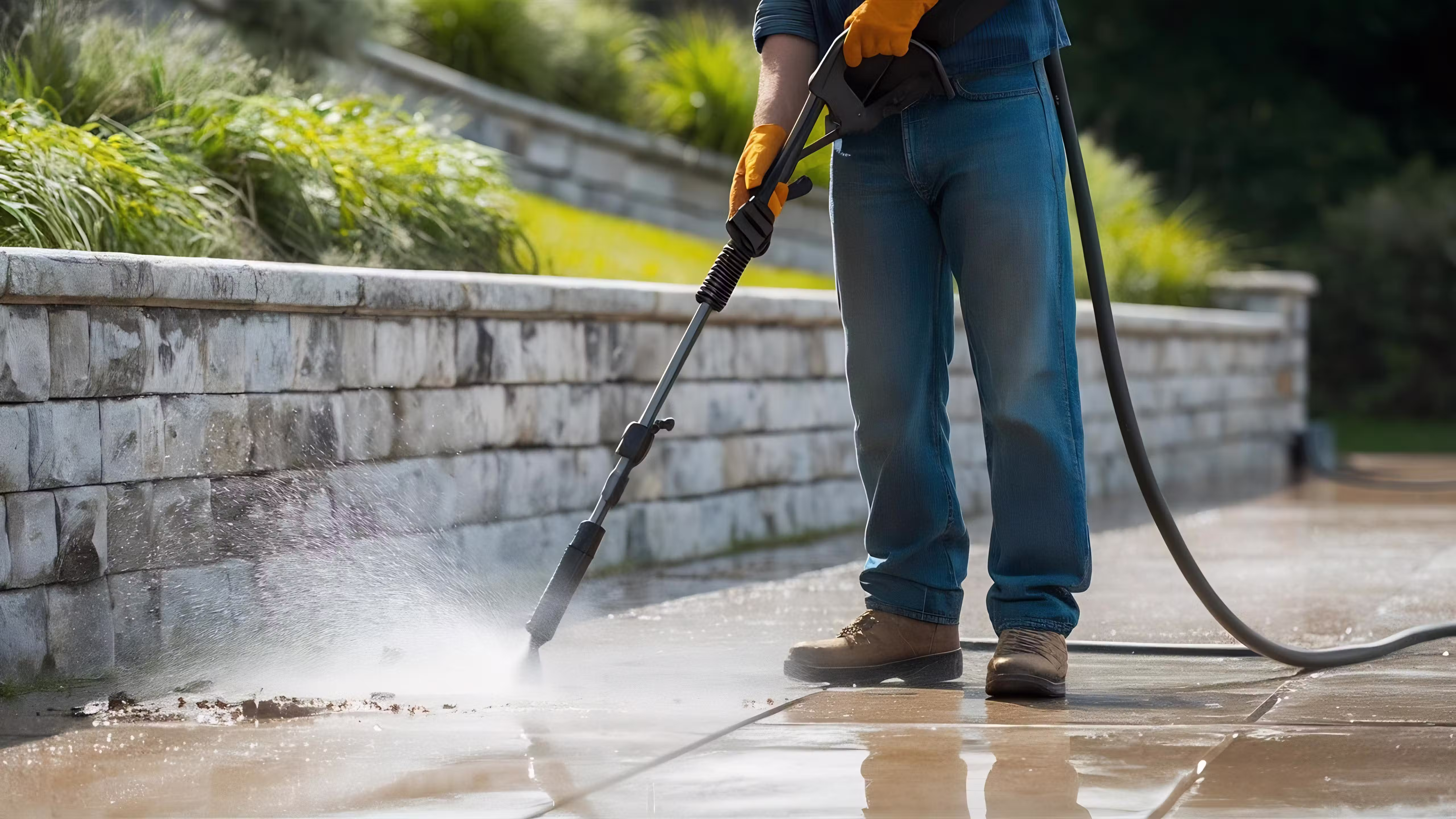 Person wearing orange gloves and boots power washing a dirty driveway next to a stone wall with greenery.