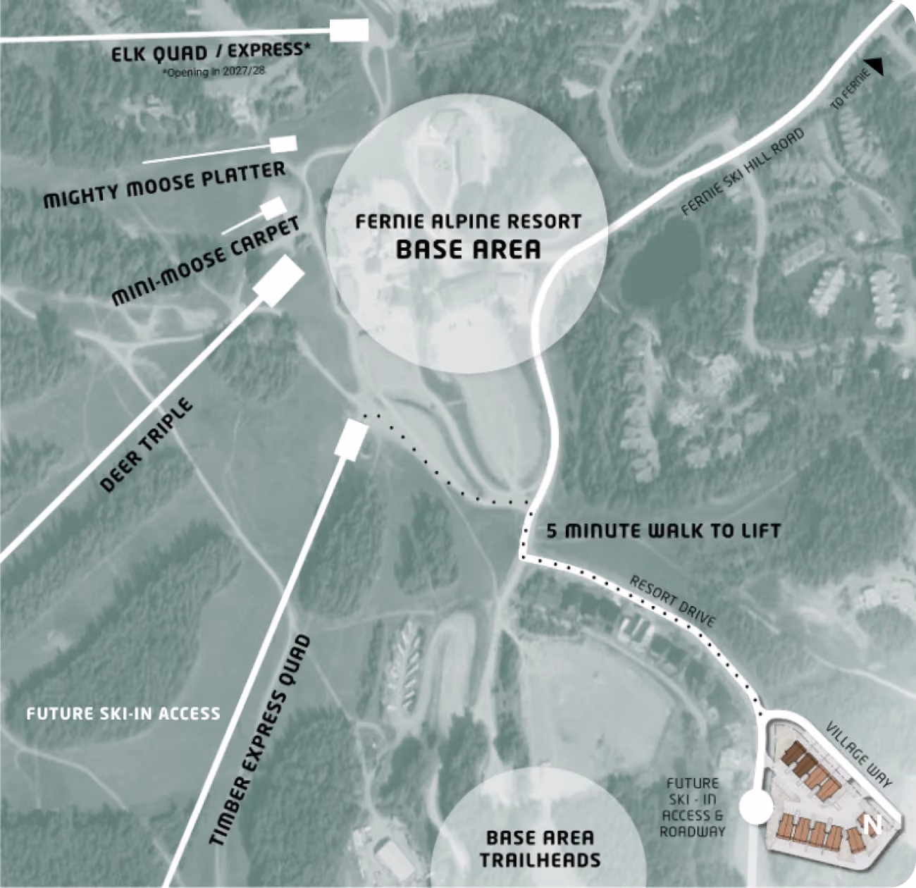 Map of Fernie Alpine Resort showing Currie Creek on Resort Drive, a five minute walk to the lifts