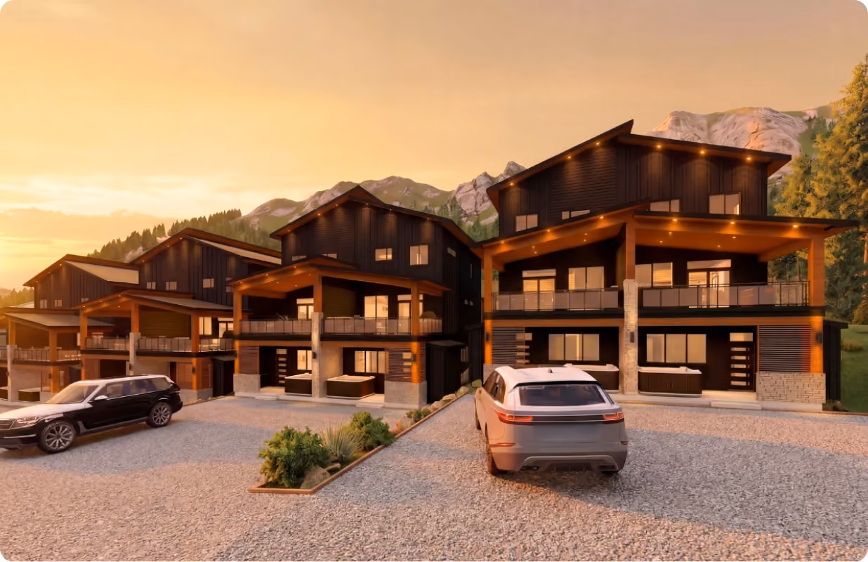 Currie Creek townhomes at sunset with driveway parking