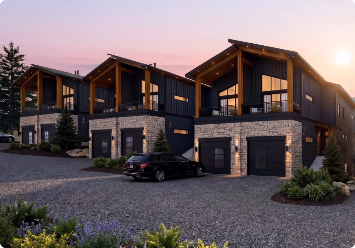 Currie Creek Phase 1 townhomes at dusk with garages and driveway parking