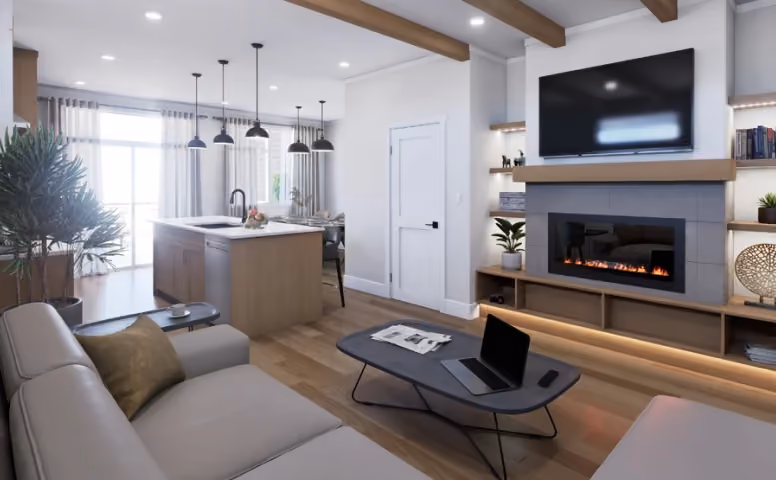 Living room with fireplace and built-in millwork in a Currie Creek home