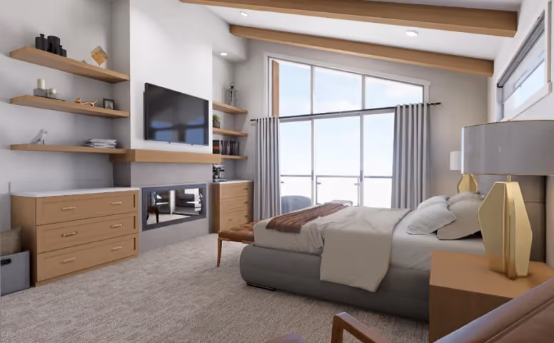Bedroom with media wall and shelving in a Currie Creek home