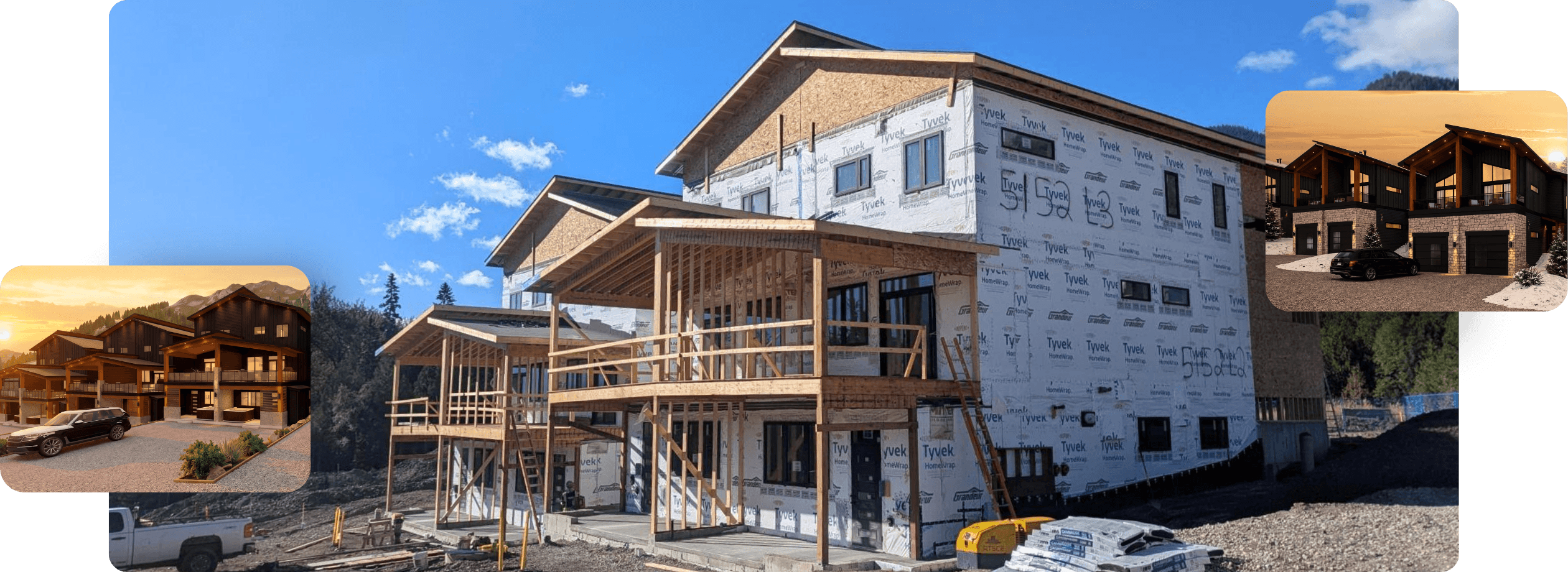 Currie Creek Phase 1 under construction at Fernie Alpine Resort, shown with completed home renderings