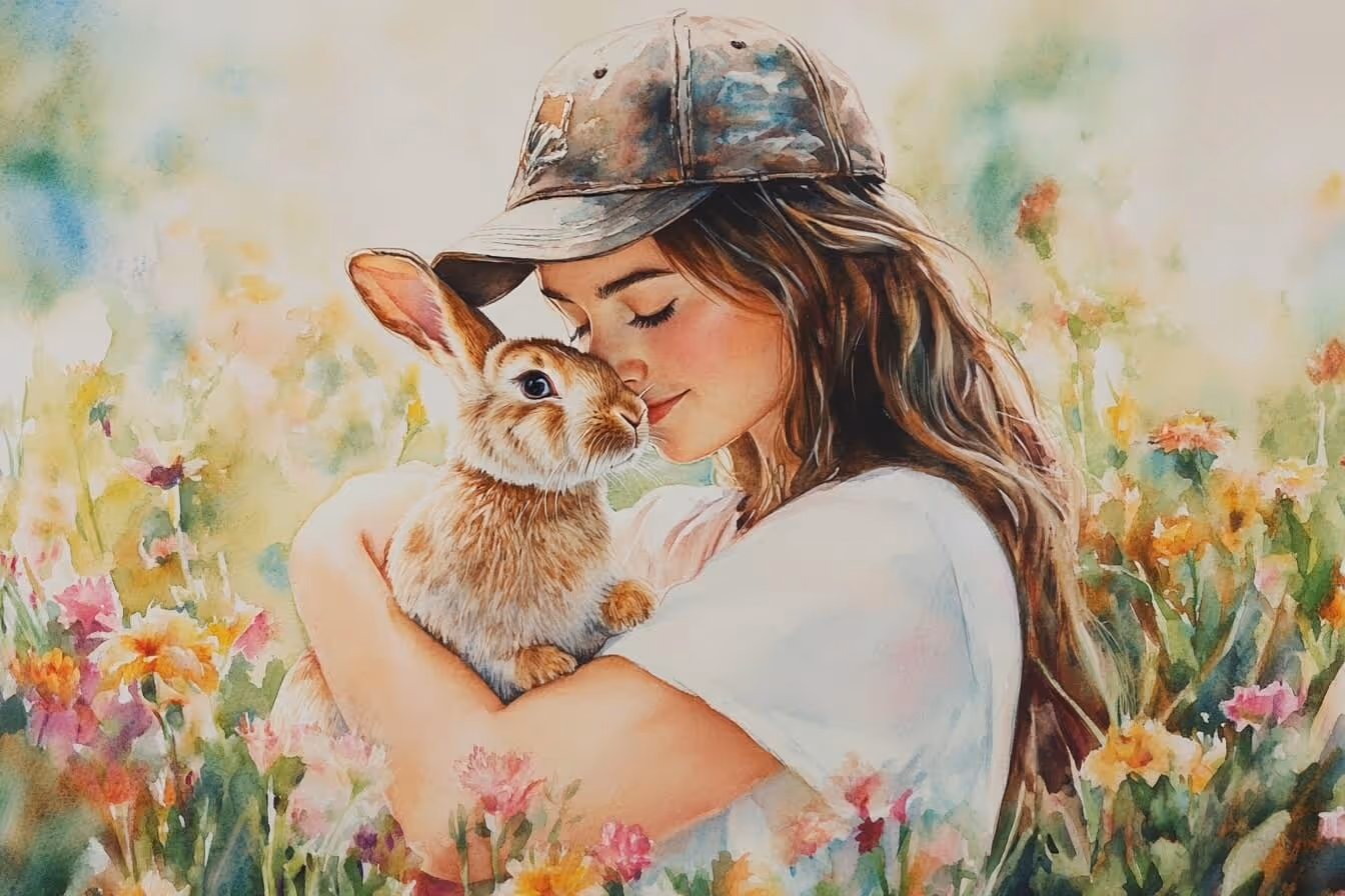 Ilustrace ženy objímající svého králíčka, symbol lásky, přítomnosti a spojení se zvířetem