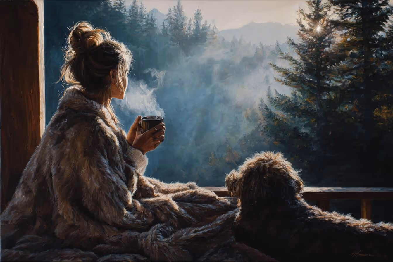 Olejová malba ženy popíjející horký nápoj dívající se na šumavský les a mlhu v něm, vedle ní je spokojeně zachumlaný pejsek