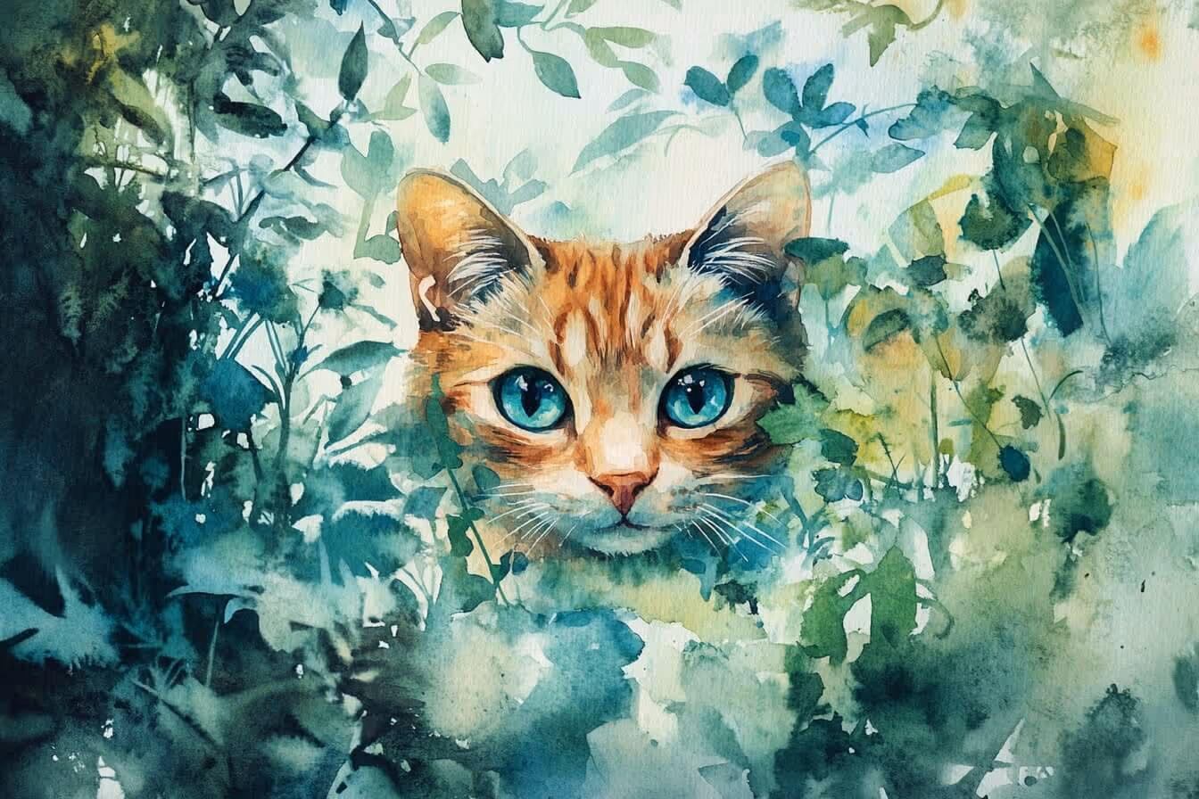 Kočka – ilustrace pro článek o komunikaci se zvířaty a jejich duši po smrti, uklidňující pocit klidu a bezpečí.