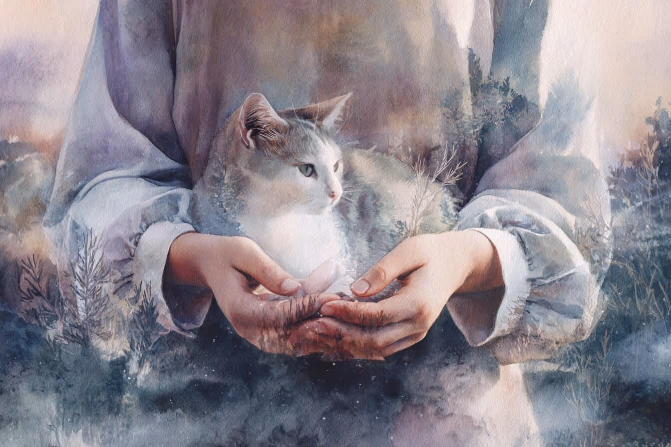 Ilustrace ženských rukou držících kočku ve svých dlaních a náznak proudění léčivé energie mezi ní a jejím zvířetem